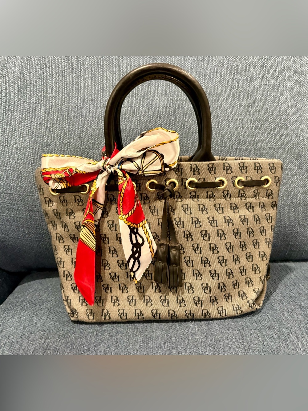 Dooney & Bourke DB Monogram Drawstring Tote Bag Made in USA EUC - Vintage